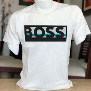 BOSS Hugo Boss Teal Stripe Box Logo White Cotton T-shirt
